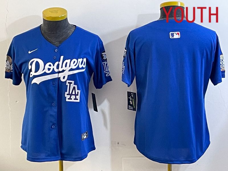 Youth  Los Angeles Dodgers blank 2024 World series patch blue jersey 202411289->youth mlb jersey->Youth Jersey